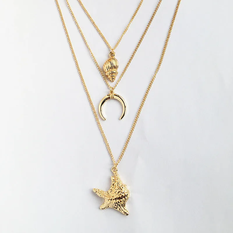 Trendy 3-Layer Alloy Shell Necklace and Stylish Marine Organism Sweater Chain