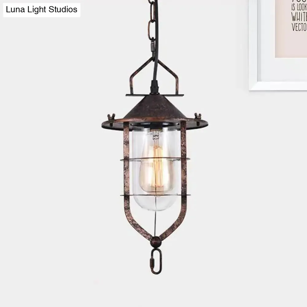 Vintage Black/Rust Cone Pendant Light with Clear Glass - Stylish Ceiling Lamp for Living Room with Cage