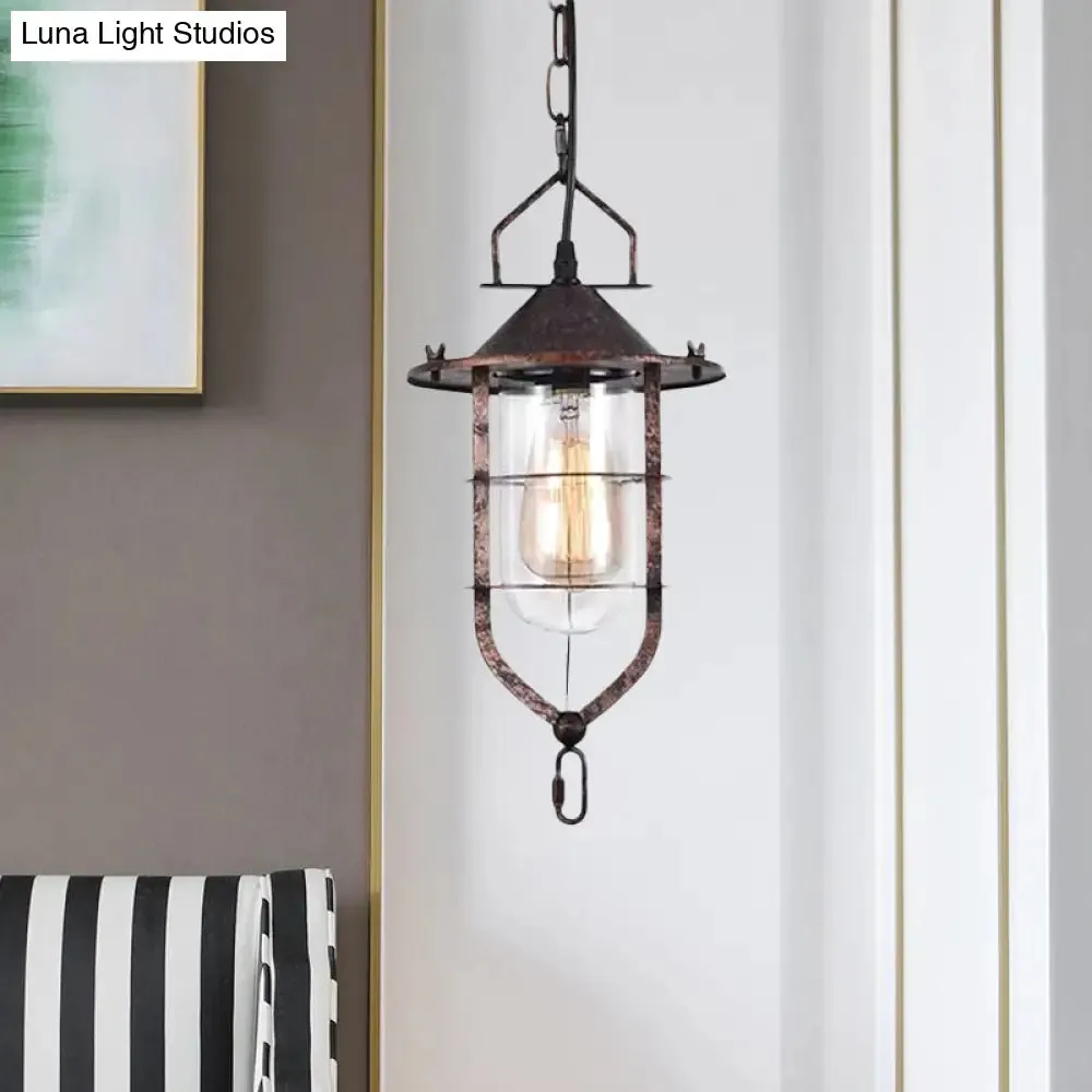 Vintage Black/Rust Cone Pendant Light with Clear Glass - Stylish Ceiling Lamp for Living Room with Cage