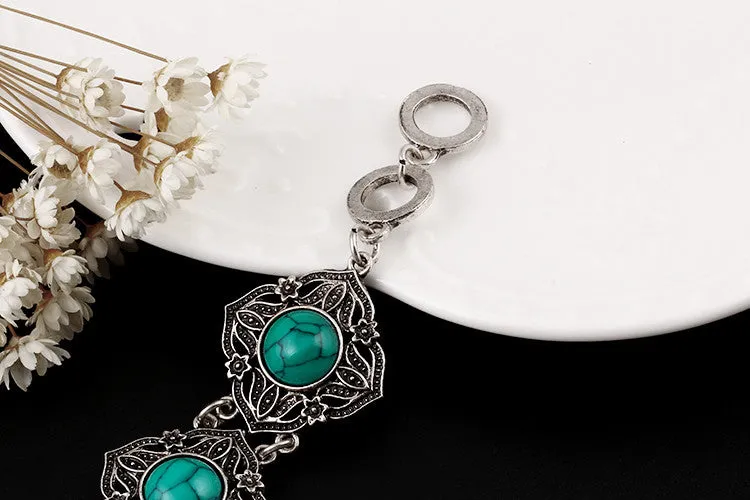 Vintage Jewelry Sets Chain Necklaces Drop Earrings Bracelets Turquoise Tibetan Silver Round Flower Hollow Design Jewellry Women