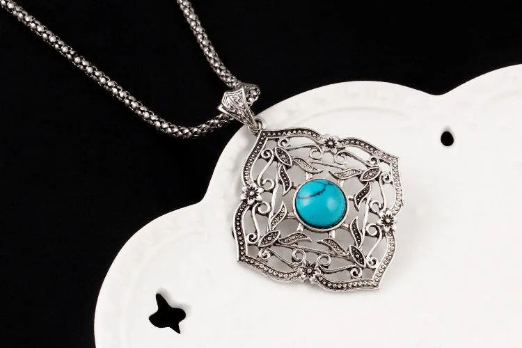 Vintage Jewelry Sets Chain Necklaces Drop Earrings Bracelets Turquoise Tibetan Silver Round Flower Hollow Design Jewellry Women