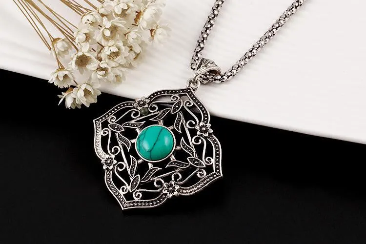 Vintage Jewelry Sets Chain Necklaces Drop Earrings Bracelets Turquoise Tibetan Silver Round Flower Hollow Design Jewellry Women