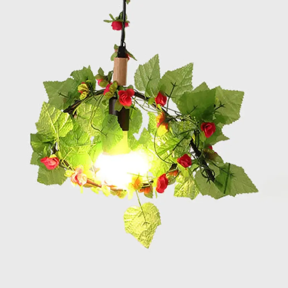 Vintage Style Hanging Lamp with Artificial Plant Accents - Metallic Pendant Lighting in Green/Orange