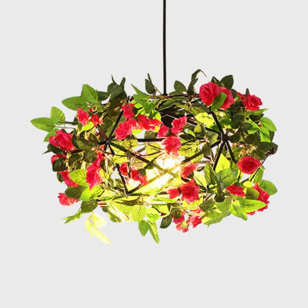 Vintage Style Hanging Lamp with Artificial Plant Accents - Metallic Pendant Lighting in Green/Orange