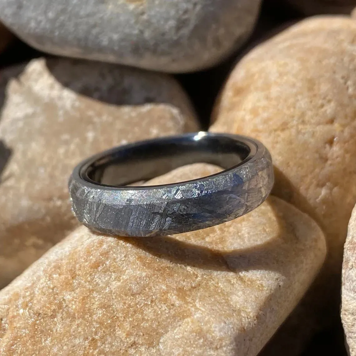 Wedding Ring Set Meteorite Ring, USA Made Custom Jewelry, Black Titanium Sleeve Band