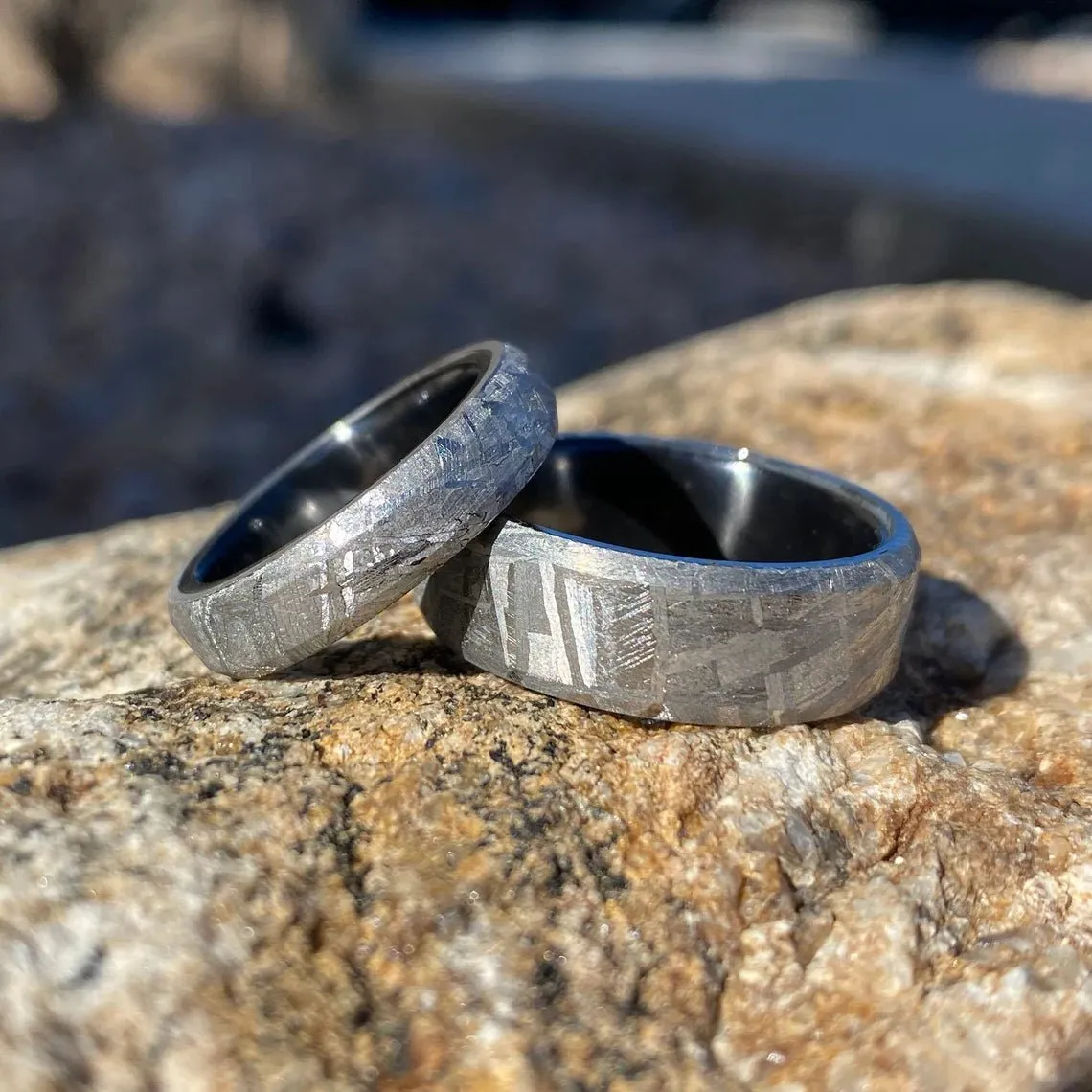 Wedding Ring Set Meteorite Ring, USA Made Custom Jewelry, Black Titanium Sleeve Band