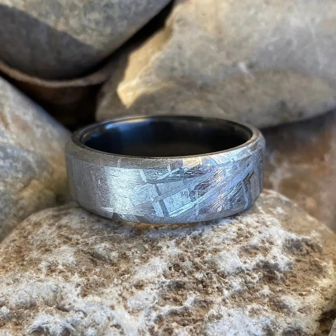 Wedding Ring Set Meteorite Ring, USA Made Custom Jewelry, Black Titanium Sleeve Band