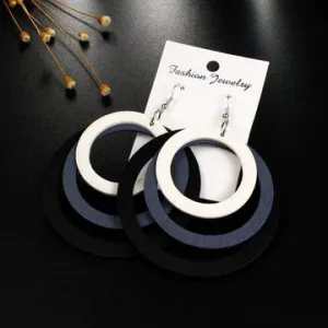 White Gray Black Wooden Round Earrings