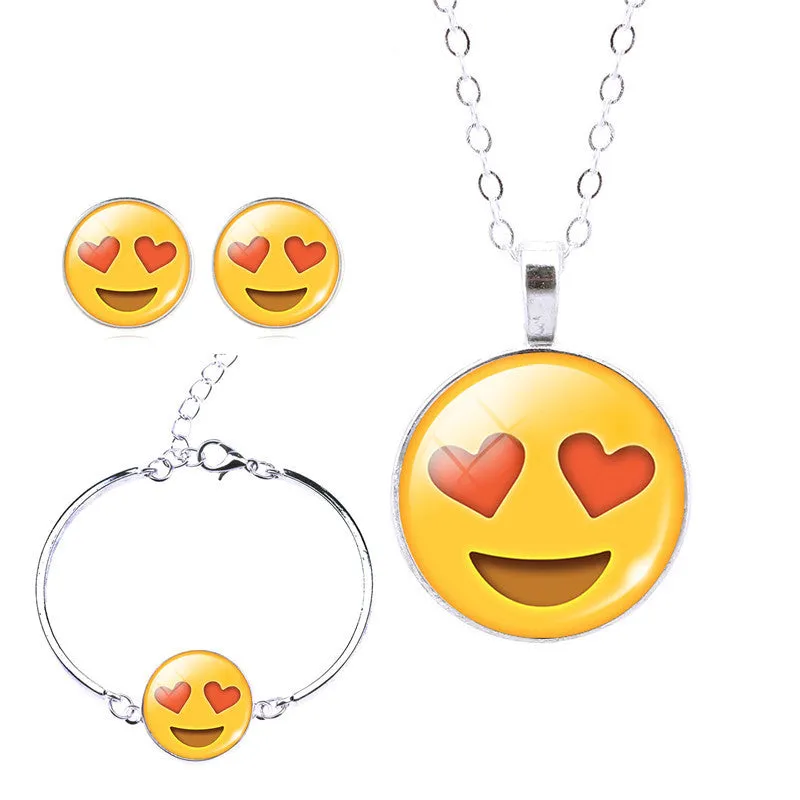 Women Emoji Stud Earrings & Moon Pendant Choker Necklace & Charm Cuff Bracelet Bangle Emoji Jewelry Sets Glass