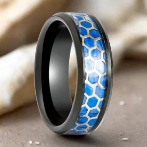 YANKTON | Black Tungsten Ring, Honeycomb Blue Opal Inlay, Beveled