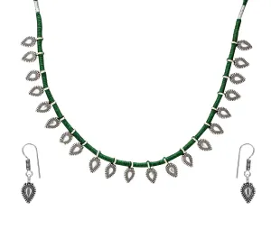 Yellow Chimes Jewellery Set for Women and Girls Traditional Silver Oxidised Jewellery Set Green Choker Set | Handmade Dori Work Threaded Charm Choker Necklace Set | Birthday Gift For Girls and Women Anniversary Gift for Wife